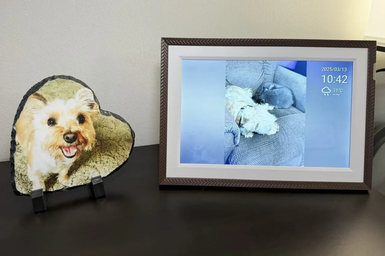 Pametni digitalni foto album ram za slike ARZOPA D10 10.1 prikzuje ljubimce i vremensku prognozu.