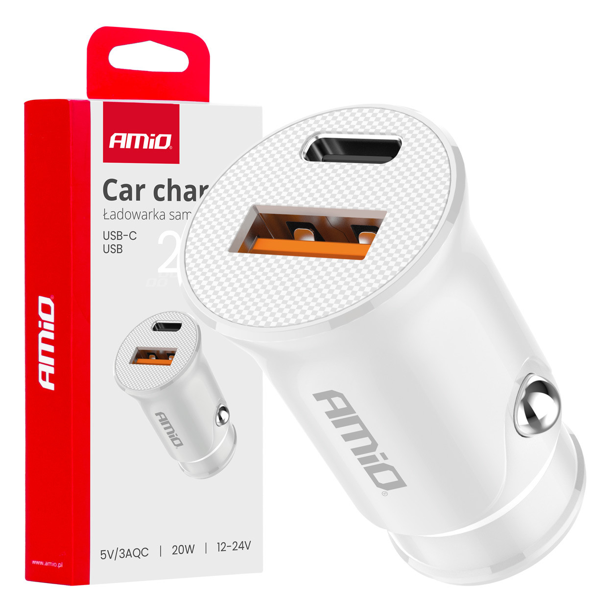 Auto punjač USB-A USB-C 20W AMIO bijeli