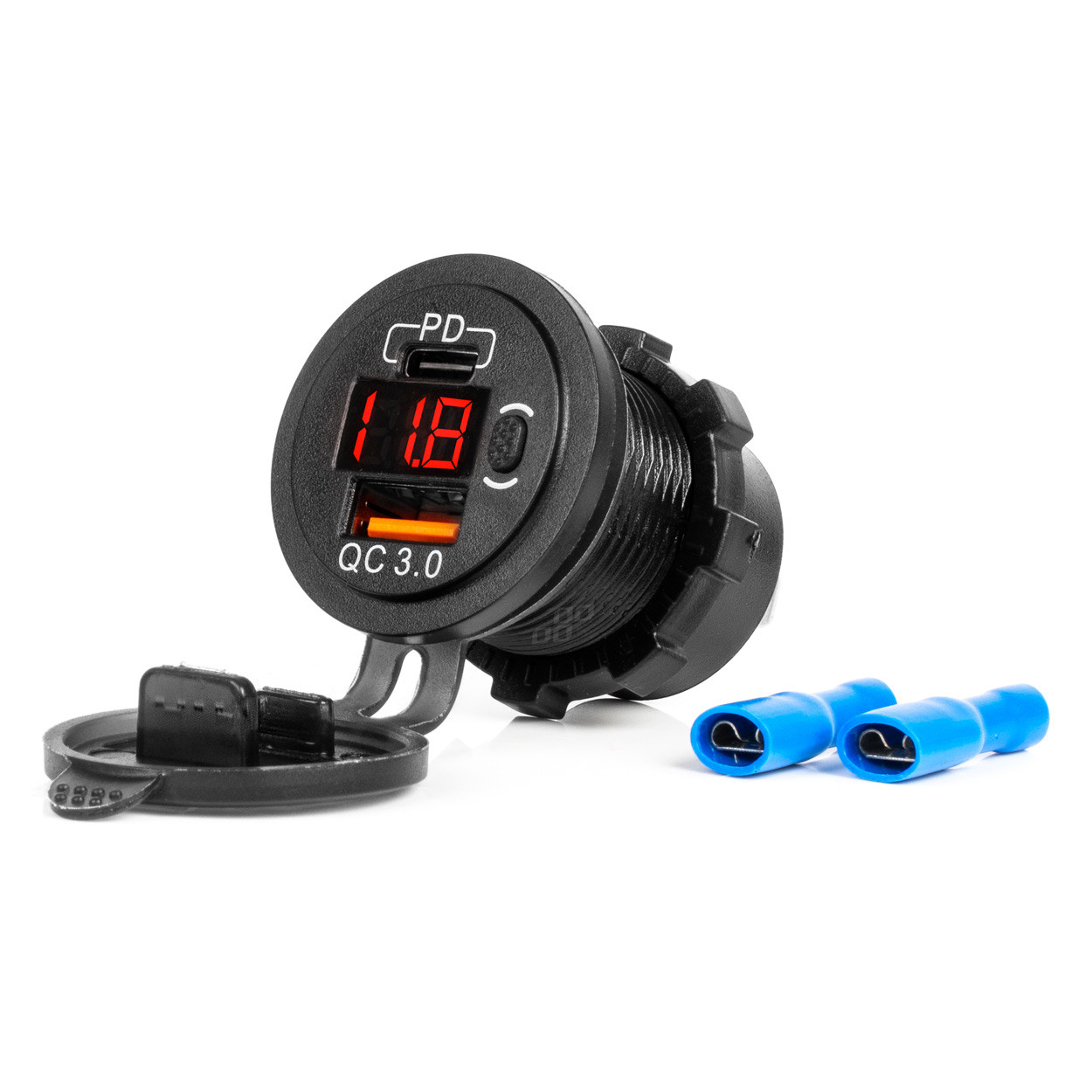 Ugradbeni auto upaljač sa voltmetrom 1xUSB-A 1xUSB-C 3.0 12-24V AMIO