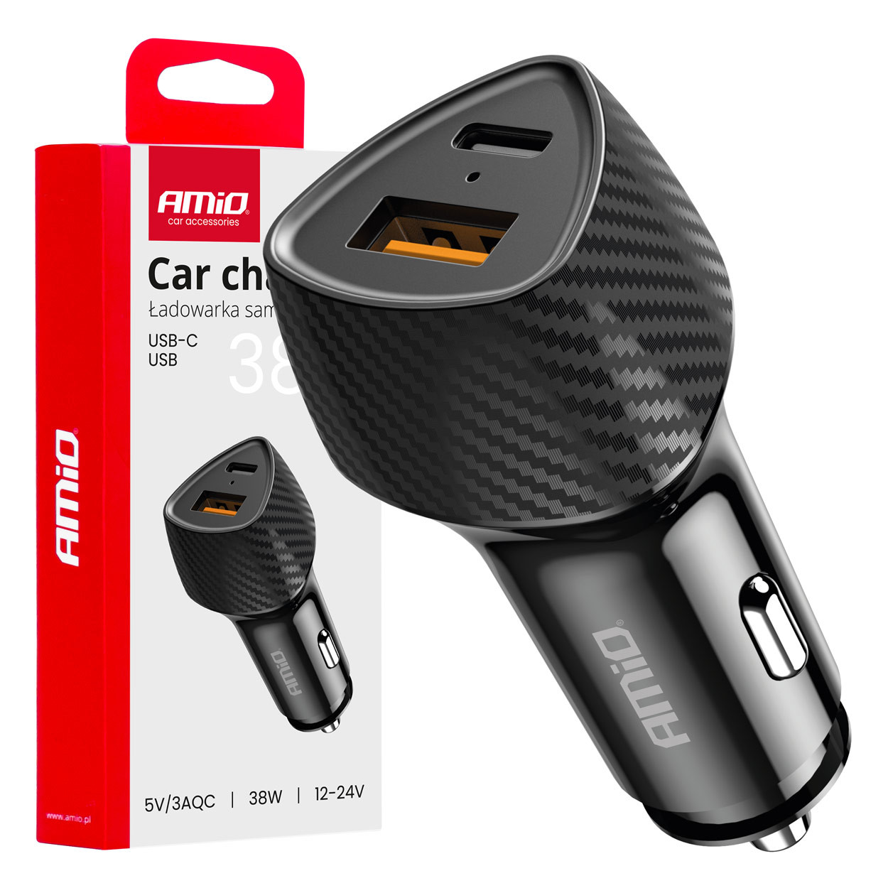 Auto punjač USB-A USB-C QC PD 38W AMIO crni