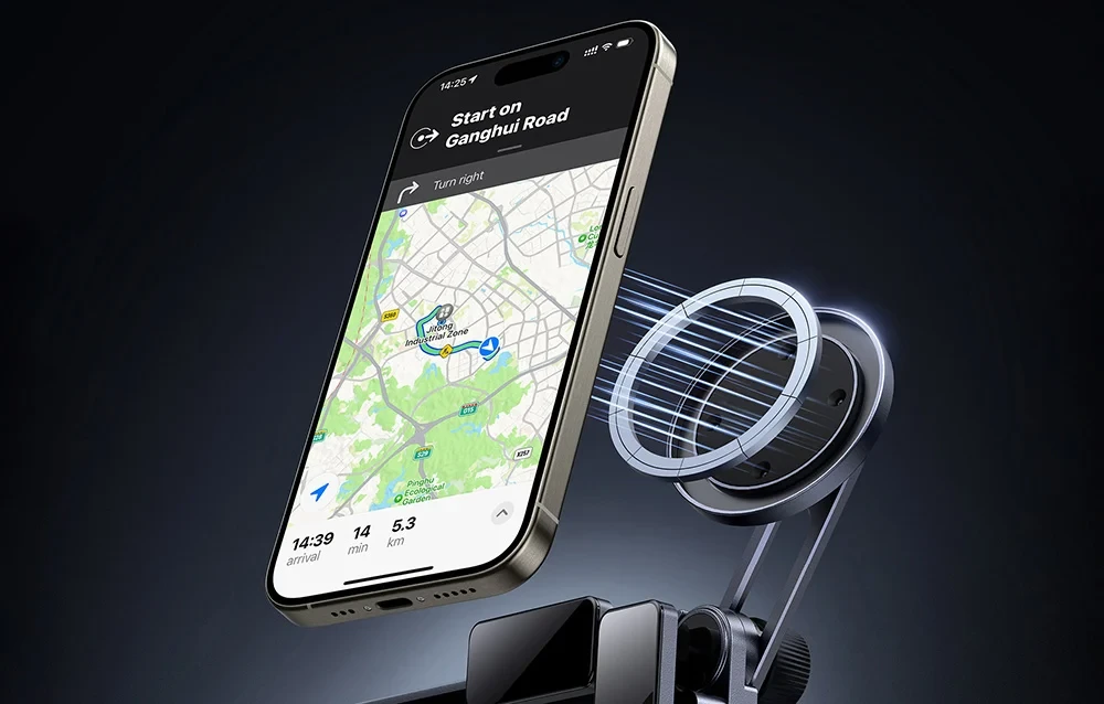 Magnetni auto nosač za telefon na ekran BASEUS MAXVIEW s telefonom u navigaciji i vizuelnim prikazom magnetne sile.