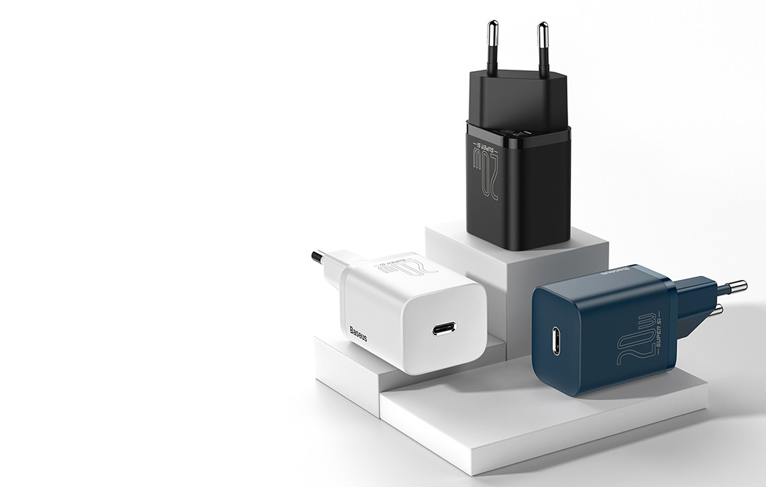 Punjač BASEUS USB-C 20W, tri punjaca, crni, bijeli i plavi