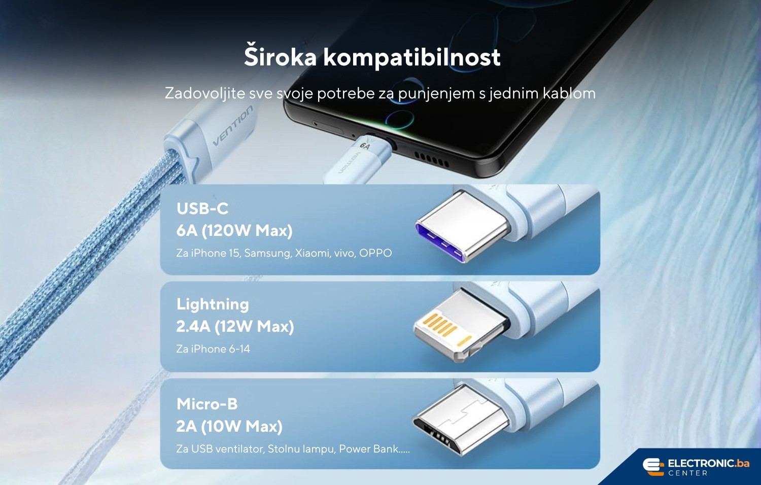 Kabal USB-A na USB-C Lightning Micro 3u1 120W VENTION 1.5 bijeli
