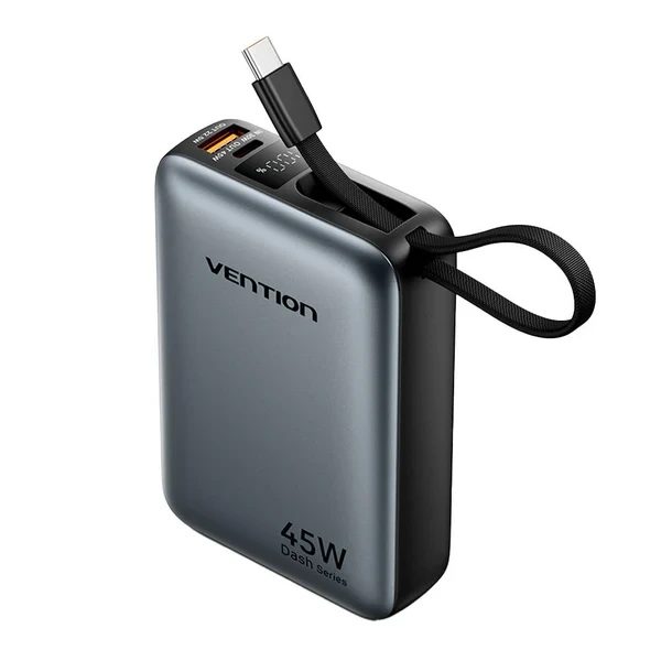 Slim prijenosni punjač powerbank sa displejom i USB-C kablom 45W 20000mAh VENTION sivi