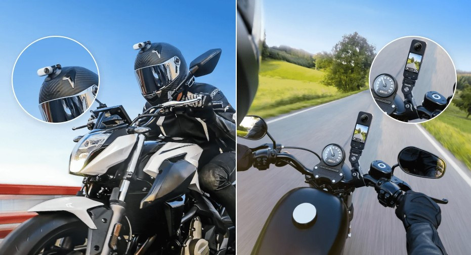 Oprema za motor za kameru INSTA360 montirana na kacigu i upravljač tokom vožnje motocikla.