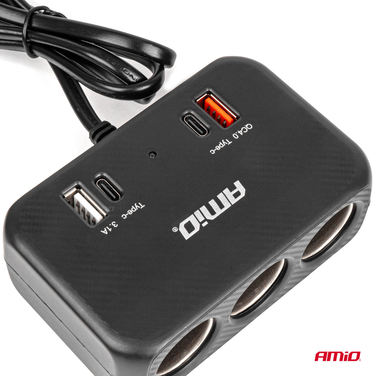 Produžni razdjelnik za auto upaljač sa tri utičnice i USB-A USB-C priključcima 80cm AMIO - slika 6