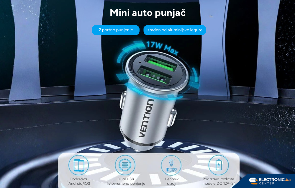 Auto punjač USB-A USB-C 18W VENTION sivi
