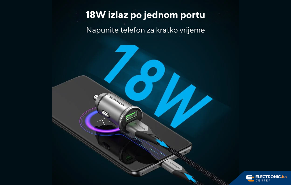 Auto punjač USB-A USB-C 18W VENTION sivi