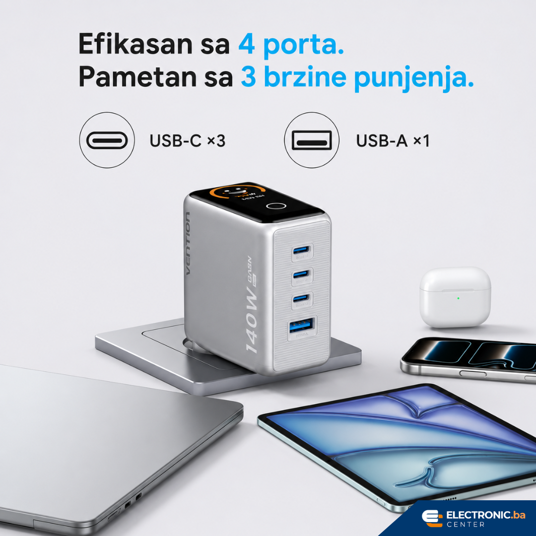 Punjač 3xUSB-C 1xUSB-A 140W sa USB-C kablom 1m VENTION sivi