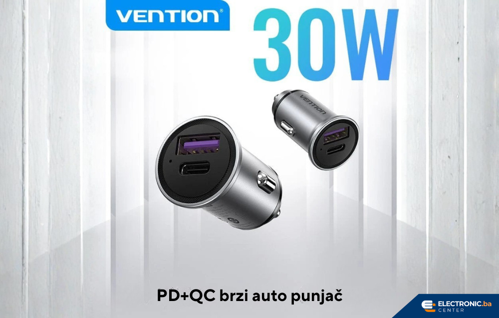 Auto punjač USB-A USB-C 30W VENTION sivi