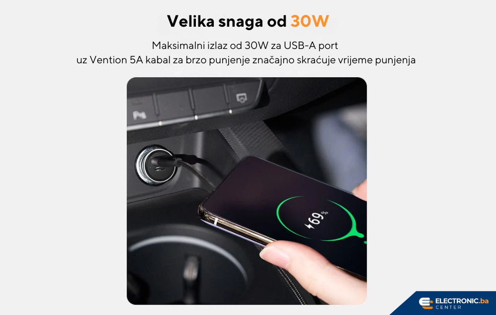 Auto punjač USB-A USB-C 30W VENTION sivi