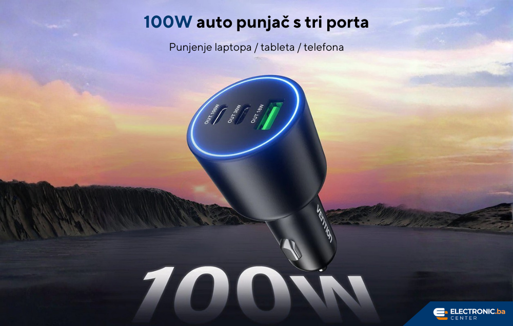 Auto punjač 2xUSB-C 1xUSB-A 100W VENTION crni