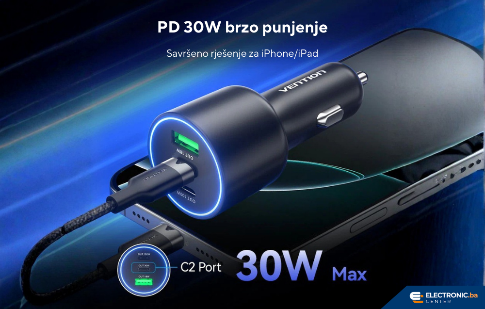 Auto punjač 2xUSB-C 1xUSB-A 100W VENTION crni