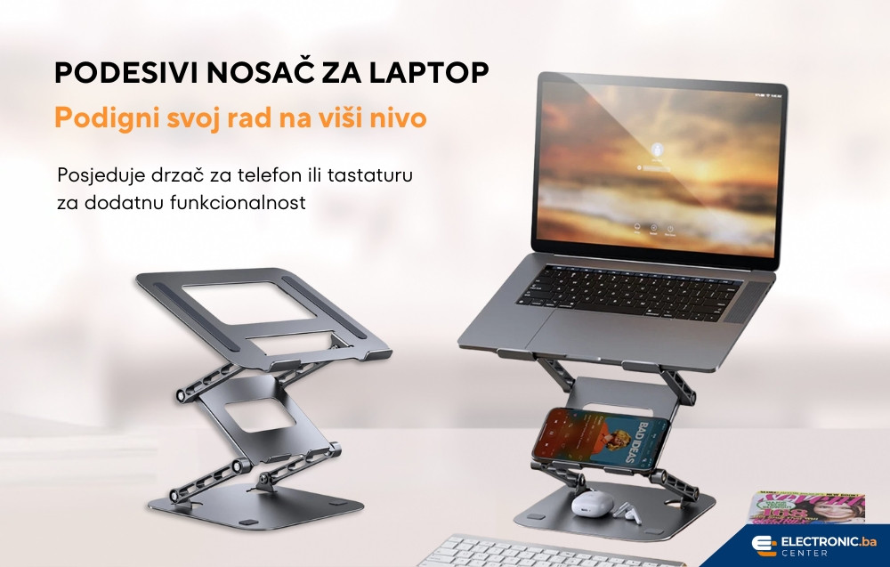 Podesivi nosač za laptop sa držačem za tablet i telefon