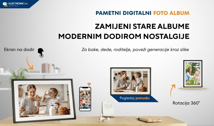 Digitalni foto album ARZOPA 10.1'' prikazan na komodi sa porodičnim fotografijama. 