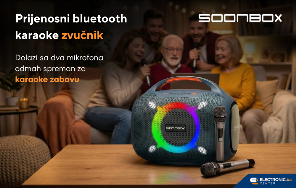 Pijenosni bluetooh karaoke zvučnik sa dva UHF mikrofona SOONBOX S6300 plavi