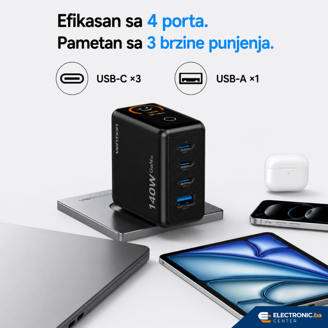 Punjač 3xUSB-C 1xUSB-A 140W sa USB-C kablom 1m VENTION crni