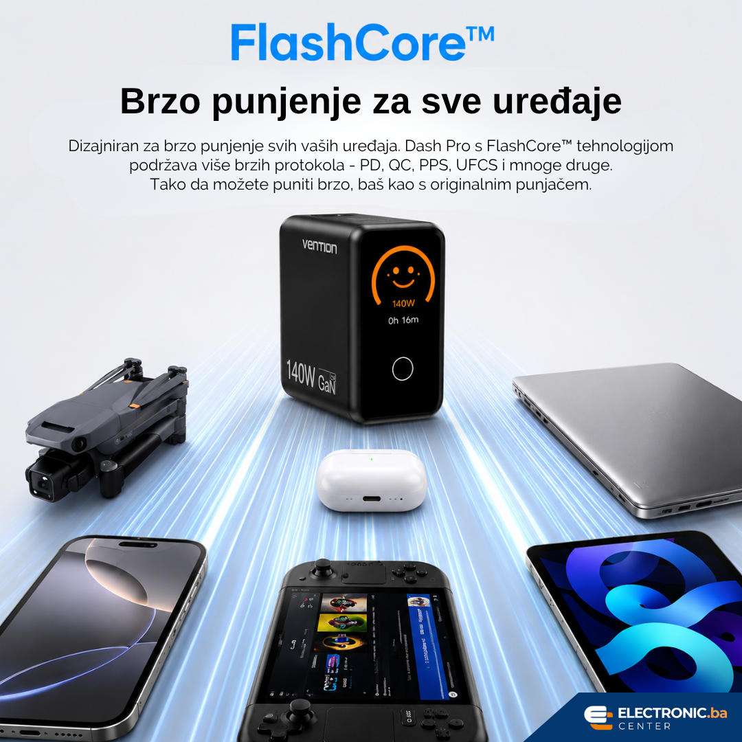 Punjač 3xUSB-C 1xUSB-A 140W sa USB-C kablom 1m VENTION crni