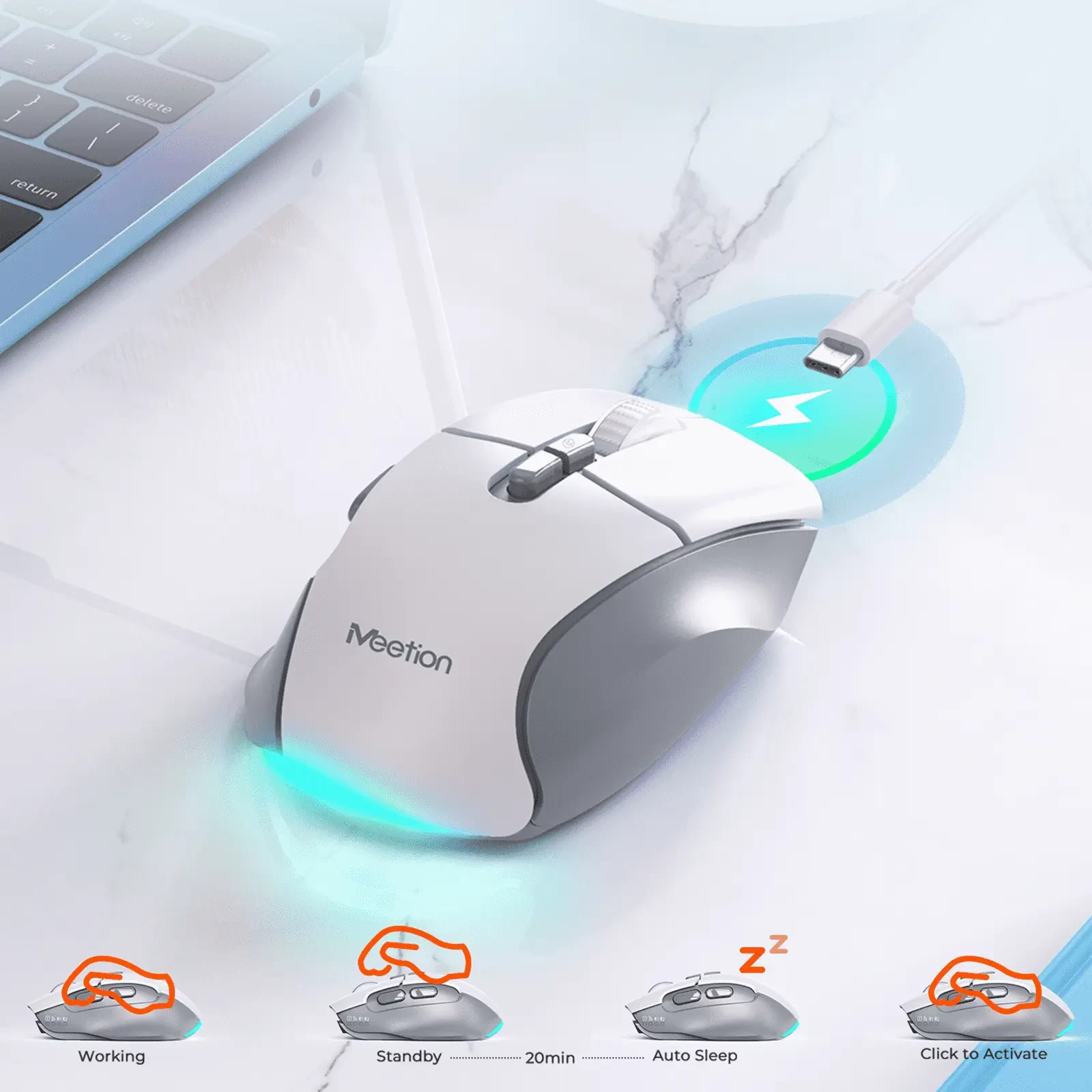 Ergonomski bežični bluetooth miš MEETION BTM001 bijelo sivi