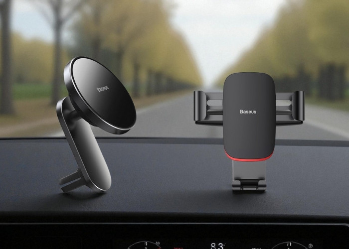 Auto držači za telefon, jedan za ventilaciju i jedan klasični model, prikazani na kontrolnoj tabli vozila