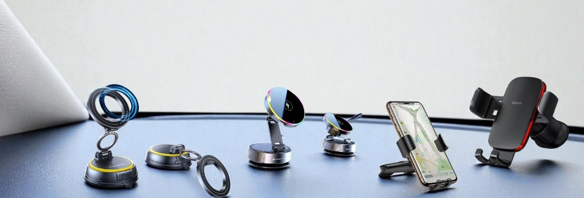 Auto držači za telefon prikazani u više modela na kontrolnoj tabli, uključujući magnetne i klasične nosače