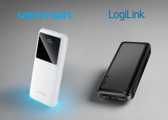 Vention bijeli LED power bank i LogiLink crni kompaktni power bank na elegantnoj sivoj pozadini.