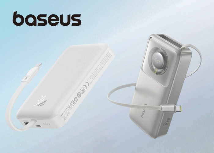 Baseus power bank uređaji – elegantni bijeli i sivi modeli sa integrisanim kablovima na modernoj pozadini.“