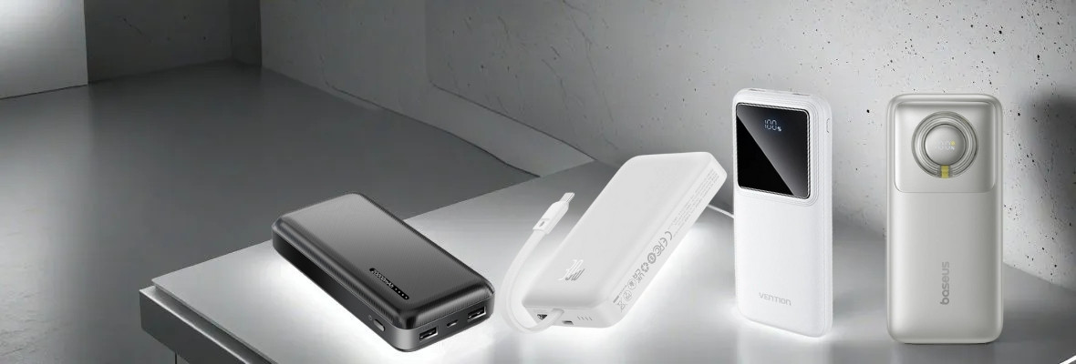 Baseus, LogiLink i Vention power bank uređaji prikazani na modernoj minimalističkoj pozadini.