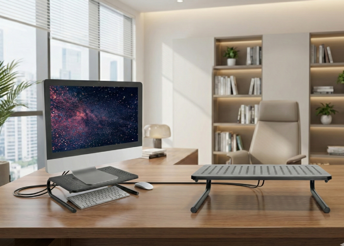 Stalak za jedan monitor na radnom stolu koji podiže ekran radi bolje ergonomije i urednijeg radnog prostora