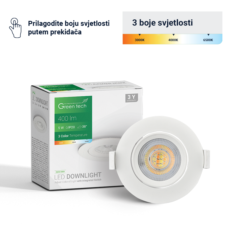 LED downlight 5W 3CCT 3000-4000-6500K GREEN TECH DWX-5WH bijeli