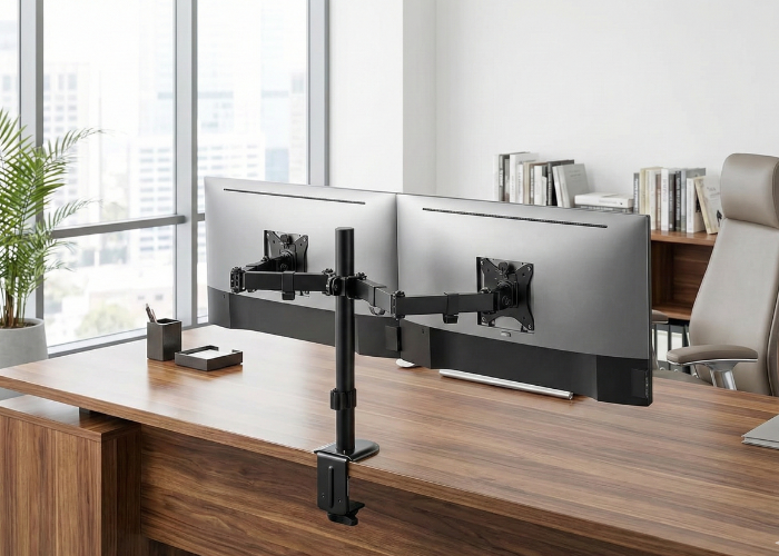 Nosač za dva monitora montiran na radni sto, pravilno postavljeni ekrani u ergonomskom kancelarijskom prostoru