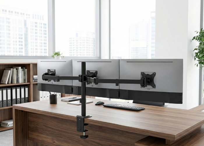 Nosač za tri monitora koji omogućava istovremeni rad sa vi&scaron;e ekrana na radnom stolu