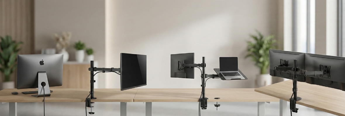 Nosači za monitore na radnom stolu sa jednim, dva monitora i laptopom u ergonomskom kancelarijskom prostoru