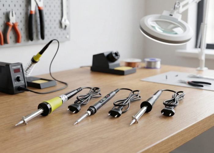 Lemilice za elektroniku s preciznim vrhovima poredane na radnom stolu u servisnoj radionici