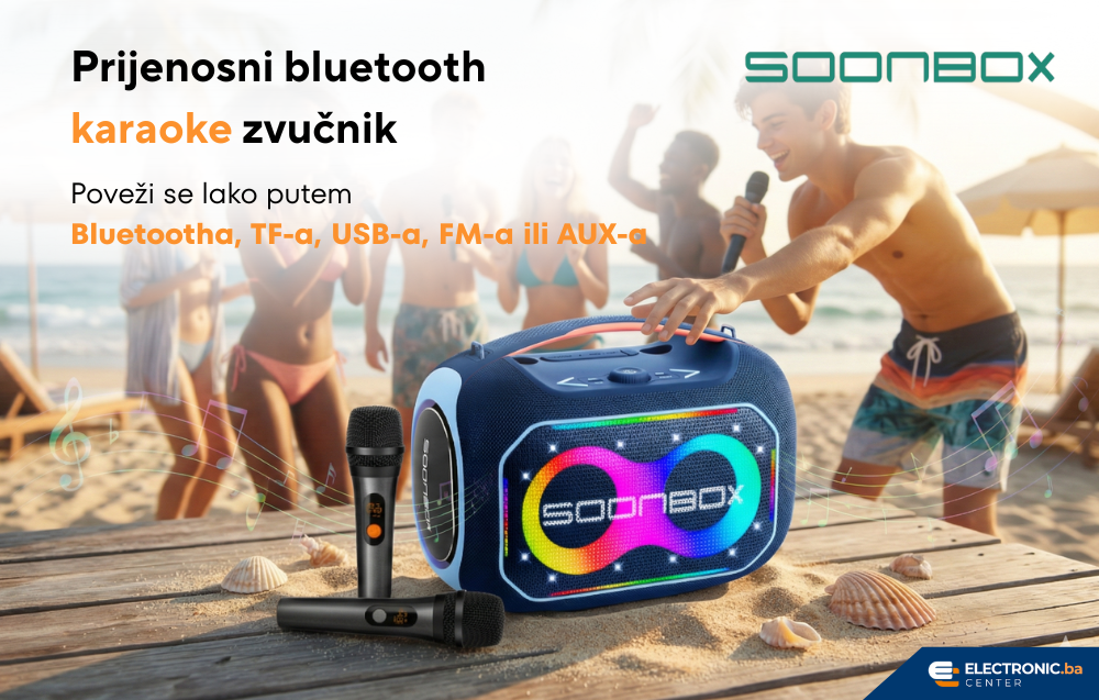 Prijenosni bluetooth karaoke zvučnik sa dva mikrofona FM radio SOONBOX S6300PRO plavi