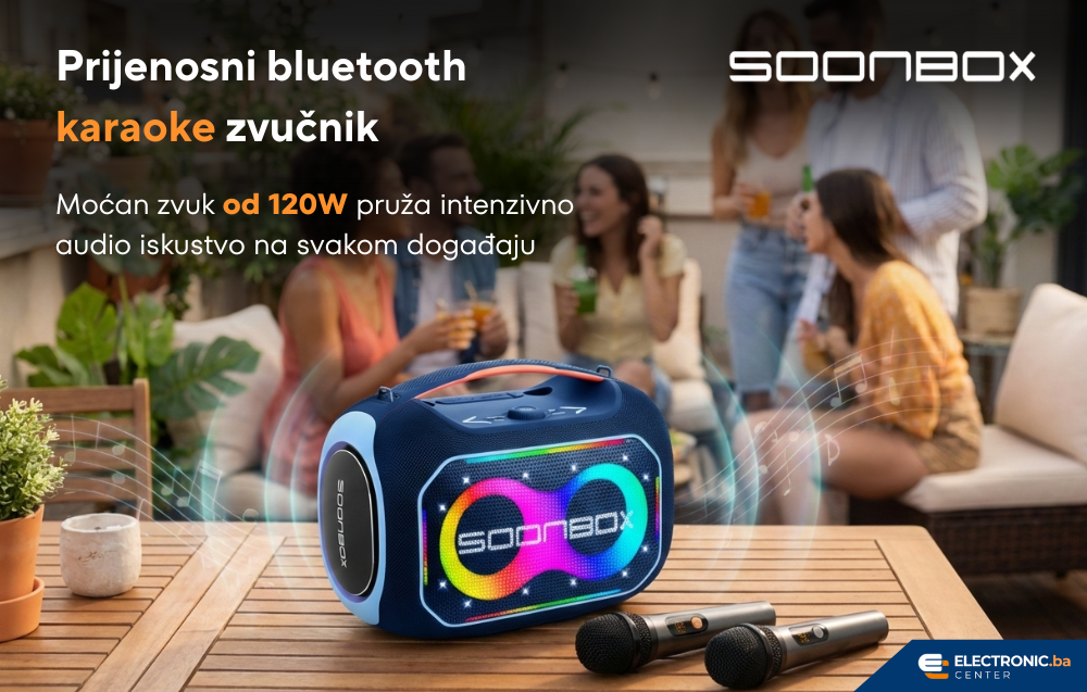 Prijenosni bluetooth karaoke zvučnik sa dva mikrofona FM radio SOONBOX S6300PRO plavi