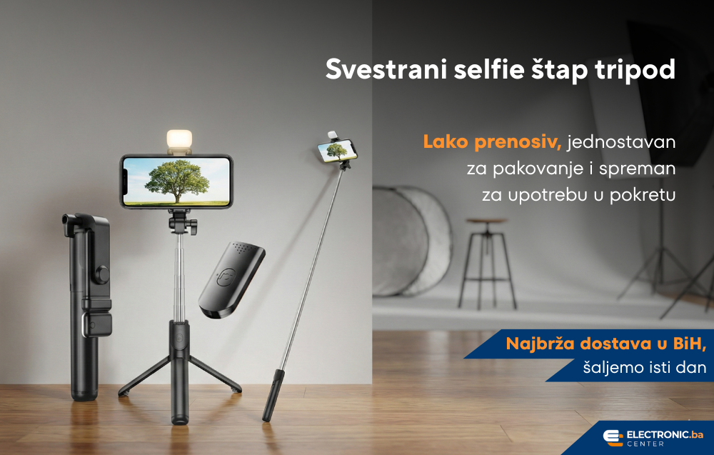 Svestrani selfie štap tripod 100cm sa led svijetlom i bluetooth daljinskim okidačem