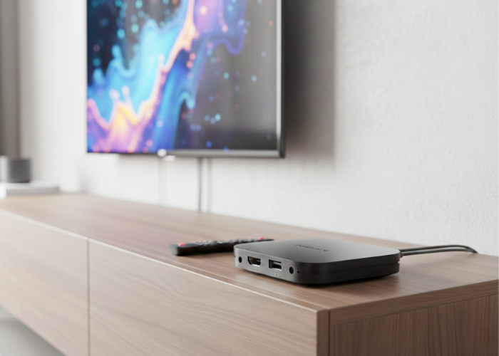 Android TV box povezan na televizoru, položen na drvenu komodu u modernom dnevnom boravku