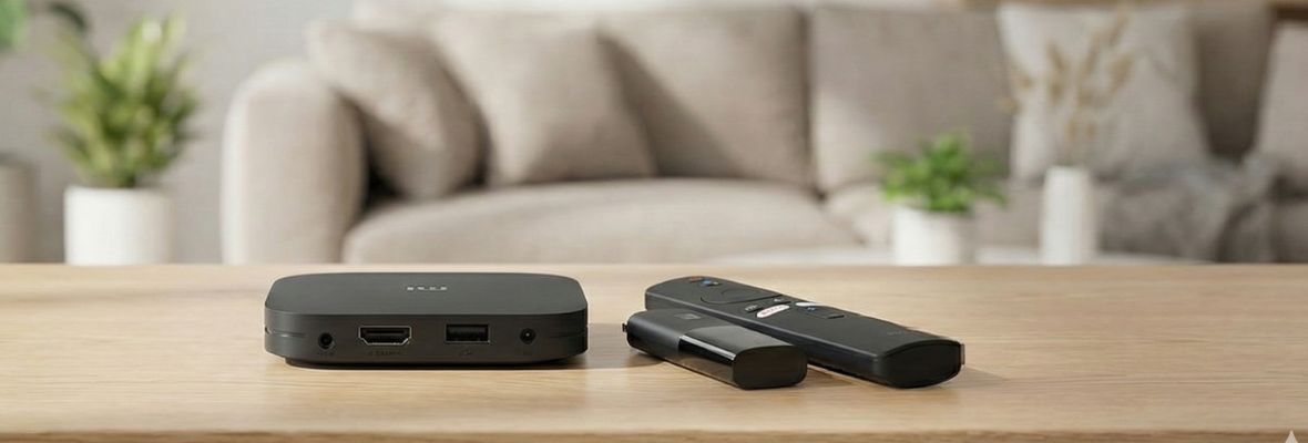 Android TV box i TV stick postavljeni na drvenom stolu u modernom dnevnom boravku