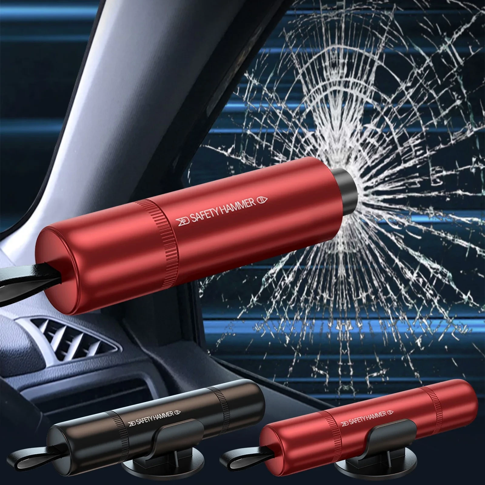 Mini čekić za razbijanje stakla sa rezačem pojasa crveni