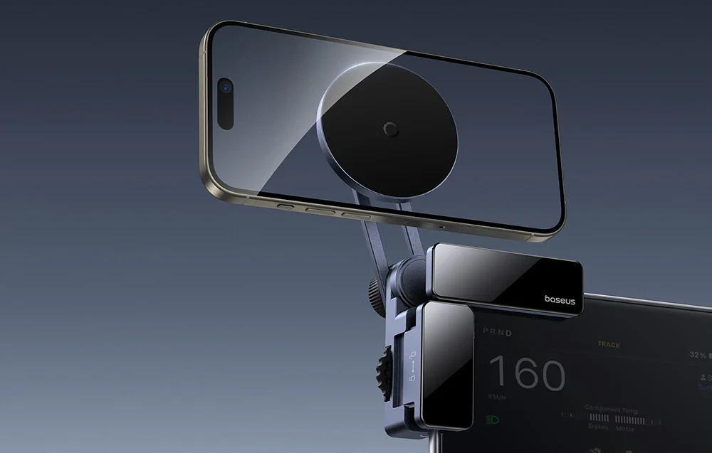 Magnetni auto nosač za telefon na ekran BASEUS MAXVIEW s iPhone uređajem montiranim horizontalno.