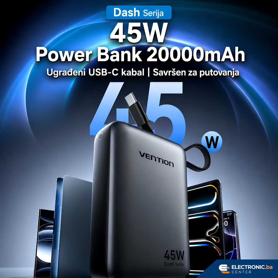 Slim prijenosni punjač powerbank sa displejom i USB-C kablom 45W 20000mAh VENTION sivi - slika 3
