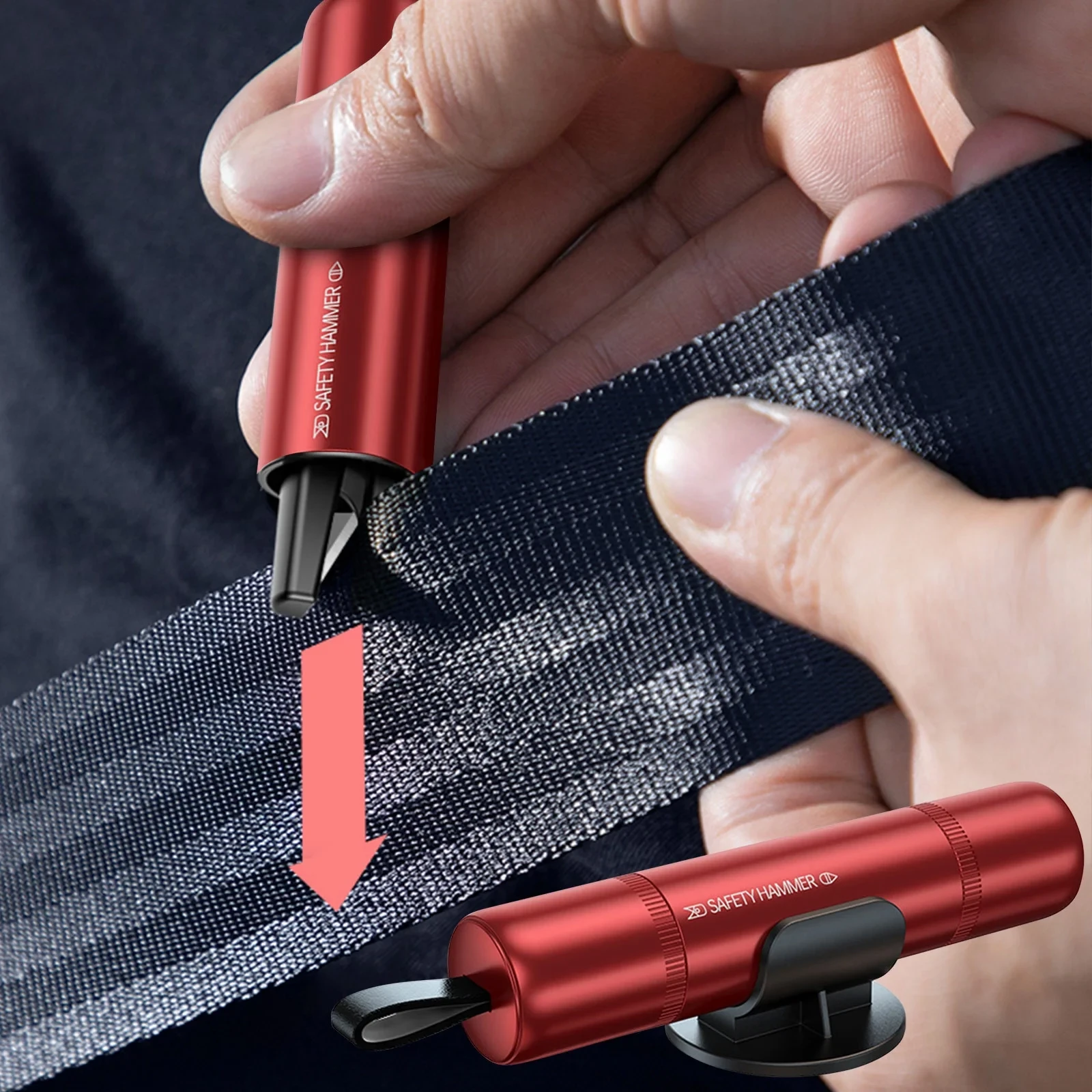 Mini čekić za razbijanje stakla sa rezačem pojasa crveni