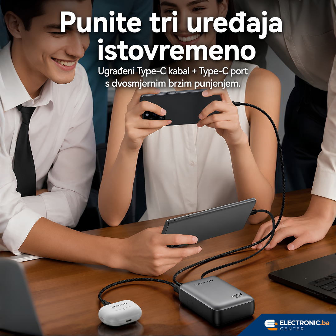 Slim prijenosni punjač powerbank sa displejom i USB-C kablom 45W 20000mAh VENTION sivi - slika 5