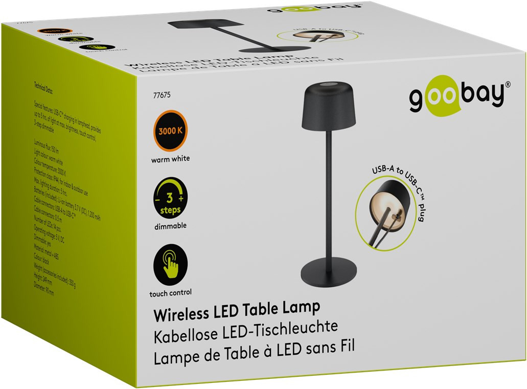 Punjiva bežična LED stolna lampa sa tri nivoa svijetline GOOBAY 3000K 25cm crna