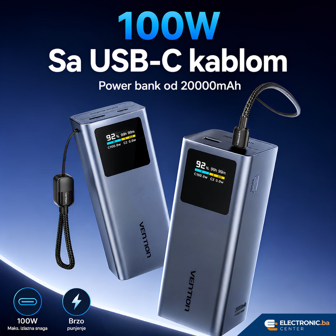 Moćni prijenosni punjač powerbank sa displejom i USB 100W 20000mAh VENTION - slika 4
