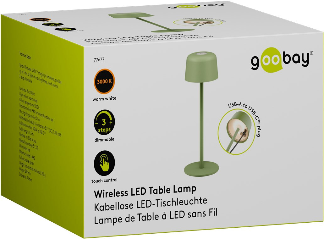 Punjiva bežična LED stolna lampa sa tri nivoa svijetline GOOBAY 3000K 25cm zelena