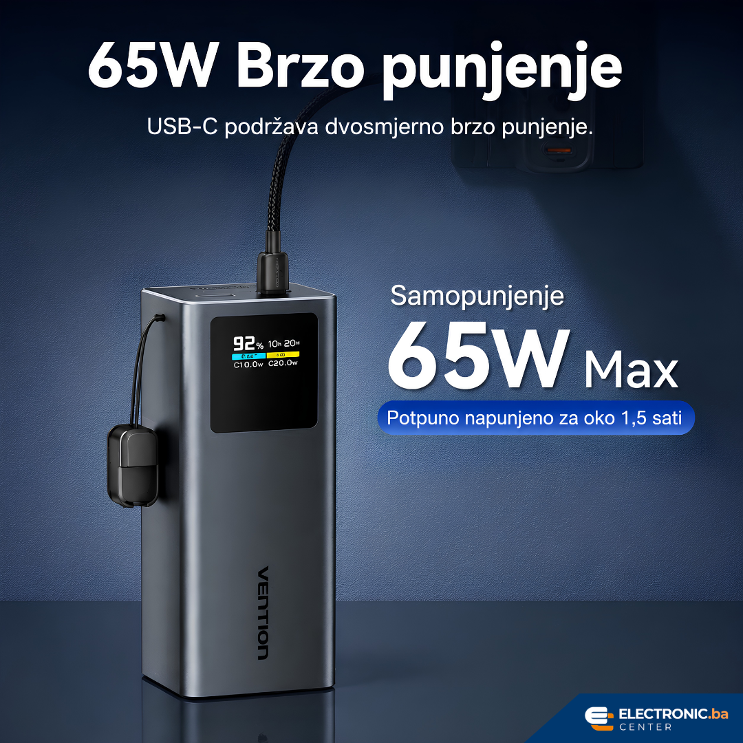 Moćni prijenosni punjač powerbank sa displejom i USB 100W 20000mAh VENTION - slika 2