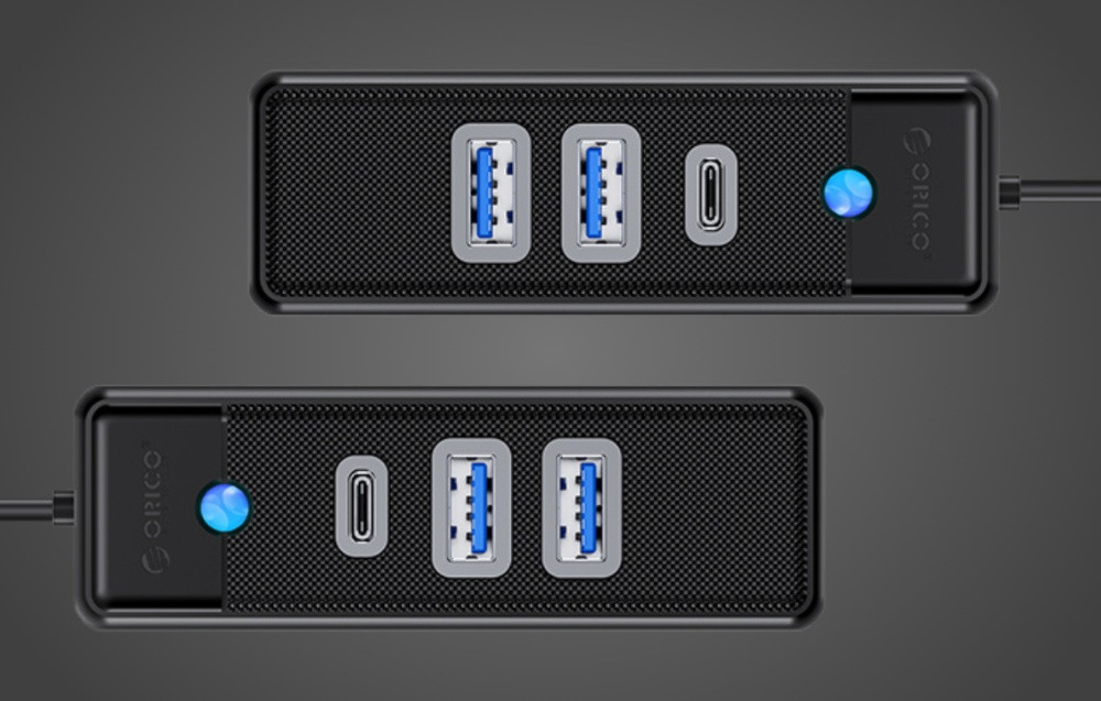 OTG USB-C HUB ORICO PWC2U-C3 prikazan u dvije verzije rasporeda priključaka