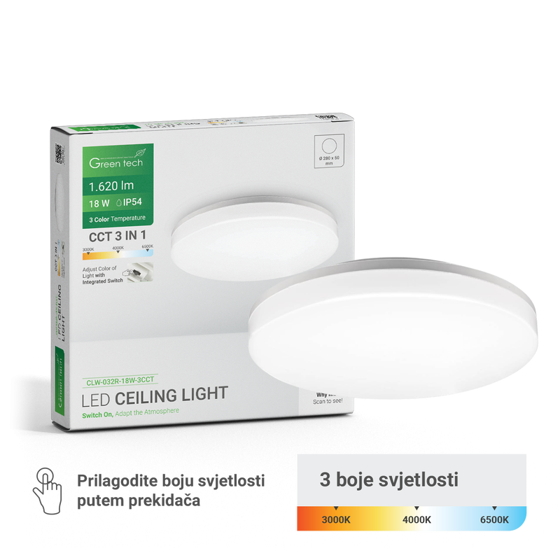 LED plafonjera 18W 3CCT IP54 GREEN TECH CLW-032R-18W-3CC bijela